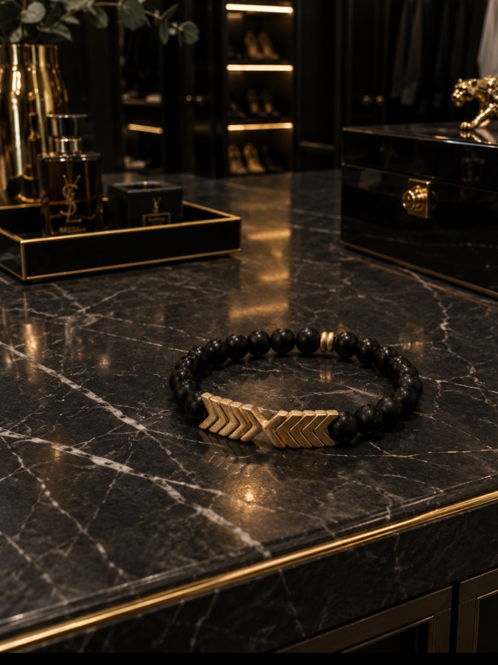 Black Gold Natural Stone Beaded Arrow Stretch Bracelet